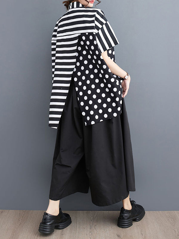 Loose Short Sleeves Polka-Dot Split-Joint Striped Lapel Shirts Tops