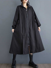 Long Sleeves Loose Buttoned Elasticity Pockets Split-Joint Zipper Lapel Outerwear Trench Coats