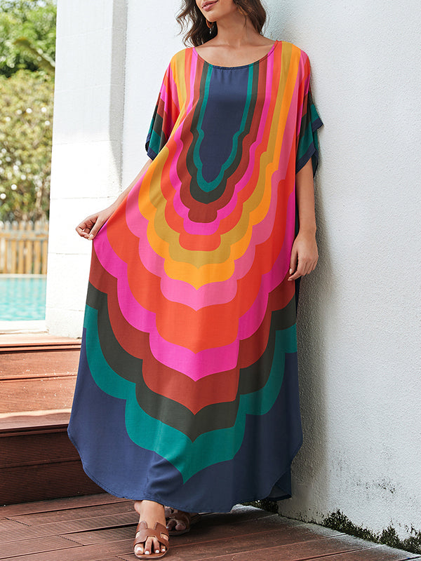 Batwing Sleeves Loose Contrast Color Printed Sun Protection Round-Neck Maxi Dresses