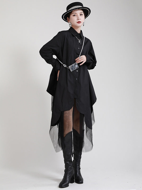 Urban Loose Split-Joint Lapel Long Sleeves Midi Dress