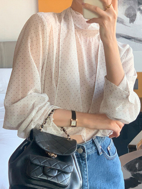 Long Sleeves Loose Polka-Dot See-Through Tied Mock Neck Blouses&Shirts Tops