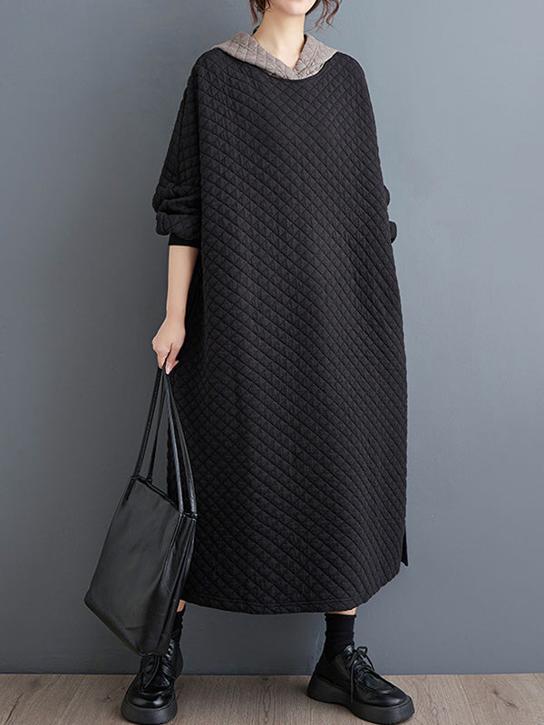 A-Line Long Sleeves Hooded Quilted Split-Side Midi Dresses