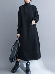 A-Line Long Sleeves Solid Color Mock Neck Midi Dresses