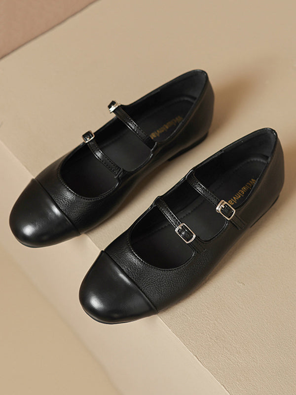 Belt Buckle Round-Toe Split-Joint Flat Shoes Mary Janes