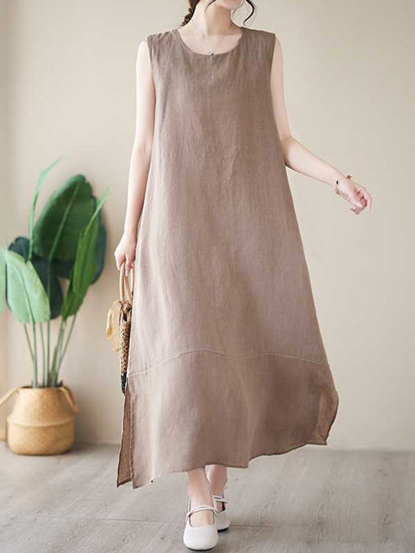 A-Line Loose Solid Color Round-Neck Midi Dresses