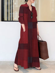 Long Sleeves Loose Plaid Pockets Lapel Maxi Dresses Shirt Dress