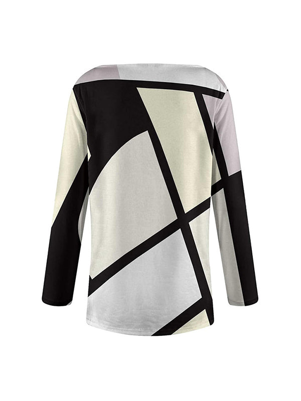 Long Sleeves Loose Printed Asymmetric Collar T-Shirts Tops