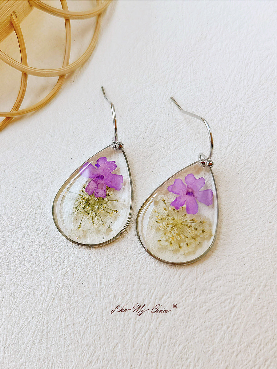 Small Fresh Queen Anne Lace Handmade Dried Flower  Earrings