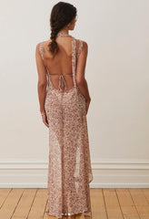 Kay Printed Backless Slit Sheer Maxi Dress