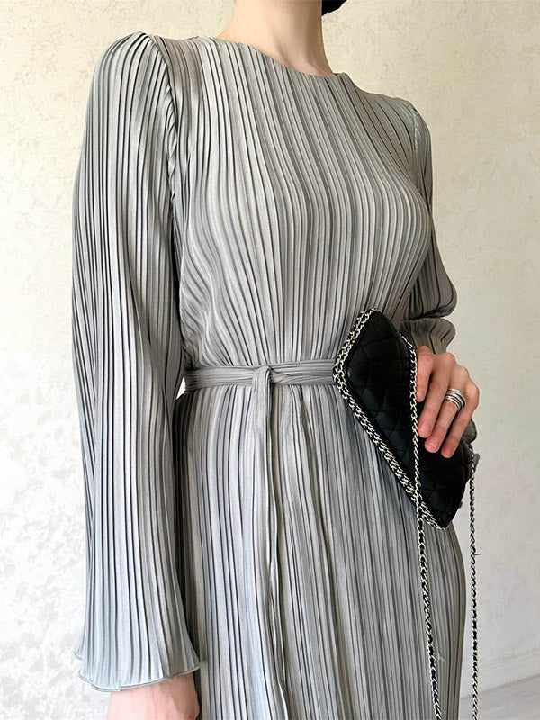 Flared Sleeves Long Sleeves Pleated Solid Color Round-Neck Maxi Dresses