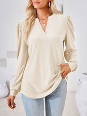 Long Sleeves Loose Jacquard Solid Color V-neck T-Shirts Tops