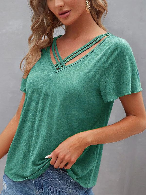 Loose Plus Size Hollow Solid Color Split-Joint V-Neck T-Shirts Tops