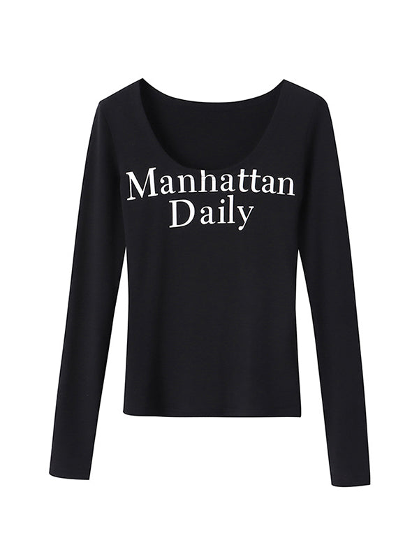 Long Sleeves Skinny Letter Print U-Neck T-Shirts