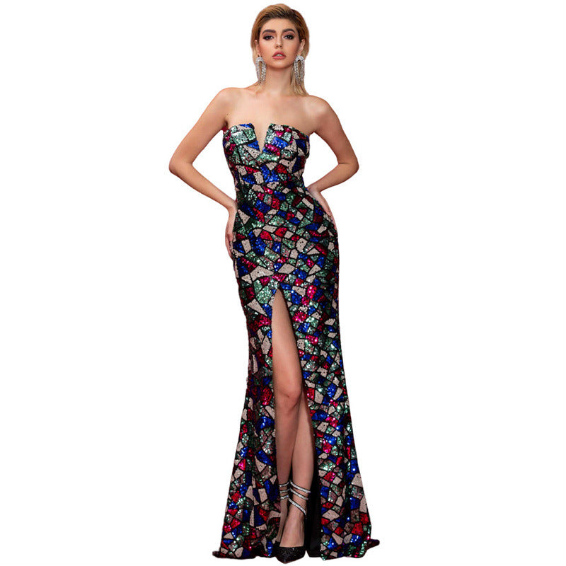 Slim Geometric Abstract Tube Top Irregular Asymmetric Slit Sequined Banquet Mop Dress Prom Formal Gown