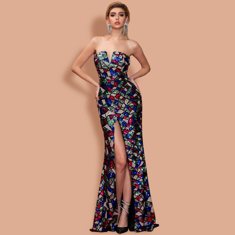 Slim Geometric Abstract Tube Top Irregular Asymmetric Slit Sequined Banquet Mop Dress Prom Formal Gown