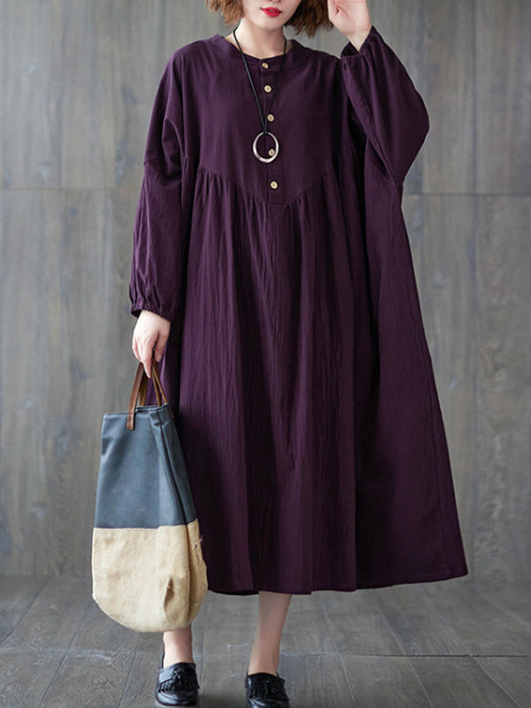 Loose Puff Sleeves Pleated Solid Color Stand Collar Midi Dresses