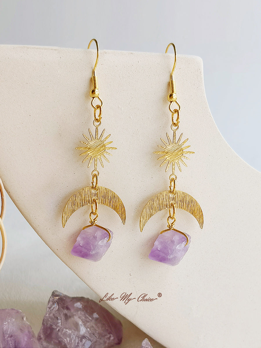 Bohemian Crescent Moon & Sun Crystal Earrings