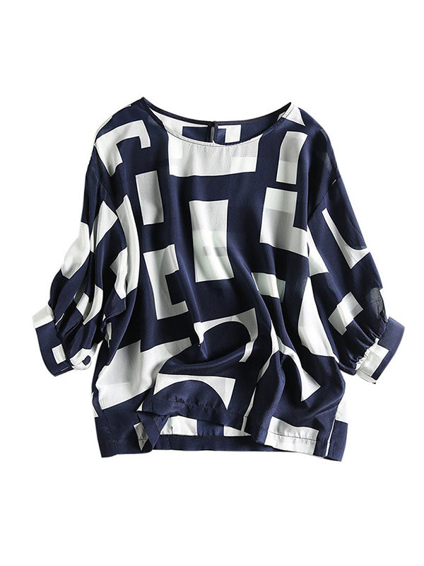 Loose Three-Quarter Sleeves Printed Split-Joint Round-Neck Blouses&Shirts Tops