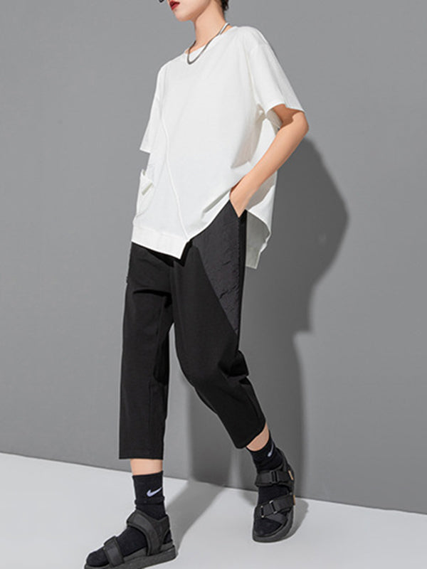 Loose Short Sleeves Asymmetric Solid Color Split-Joint Round-Neck T-Shirts Tops