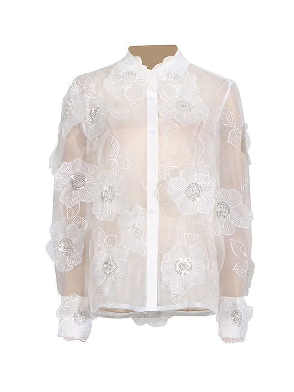 Long Sleeves Loose Buttoned Embroidered See-Through Three-Dimensional Flower Lapel Blouses&Shirts Tops