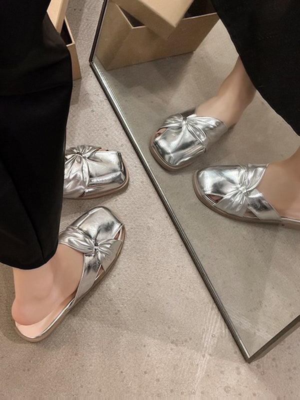 Hollow Pleated Shiny Split-Joint Square-Toe Slippers&Mules