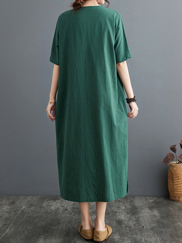 A-Line Loose Chinese Frog Buttons Pockets Solid Color Split-Side V-Neck Midi Dresses