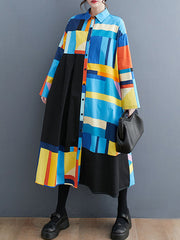 Long Sleeves Loose Color-Block Printed Split-Joint Lapel Midi Dresses