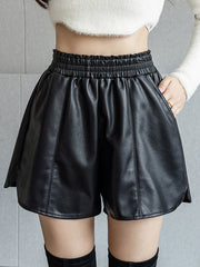 PU Wide Leg Elasticity Solid Color Split-Joint Split-Side Shorts