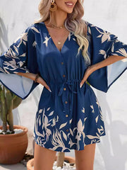 A-Line Half Sleeves Buttoned Drawstring Leaves Print V-Neck Mini Dresses