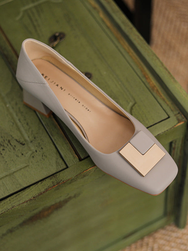 Elegant Square Buckle Chunky Square Mid Heel Shoes