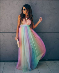 Spring Summer Women Sexy Rainbow Mesh Camisole Dress with Deep V Plunge and Suspenders