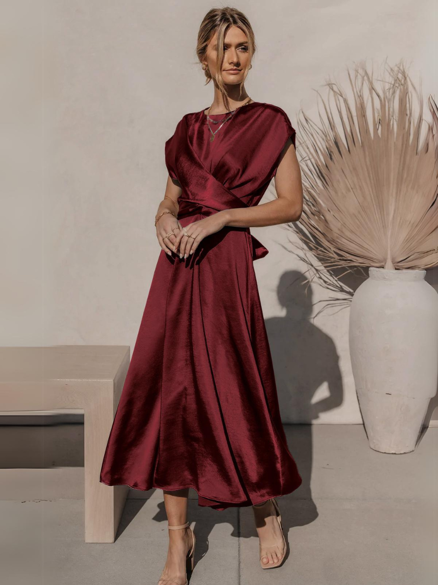 Theia Satin Short Sleeve Midi Dress - Burgundy