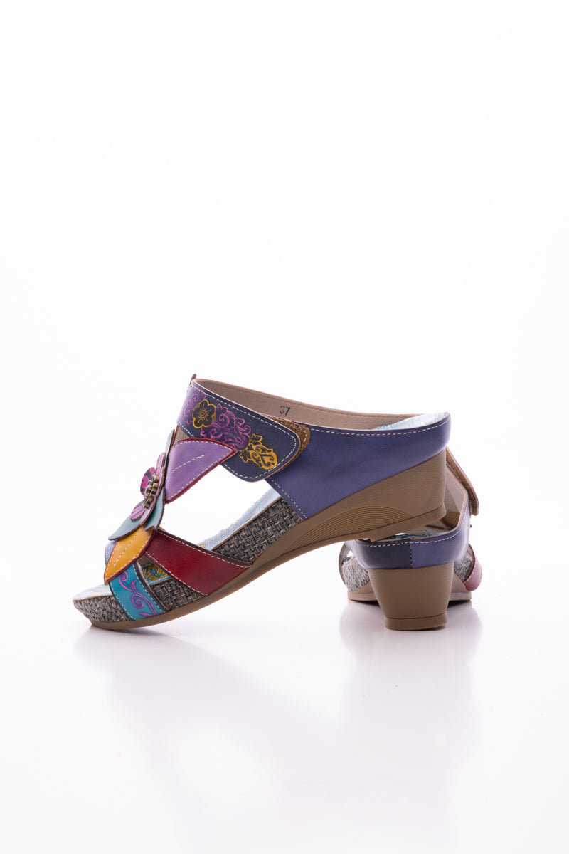 SOFFIA | FLOR DE PARAISO LEATHER WEDGE SANDAL - NAVY