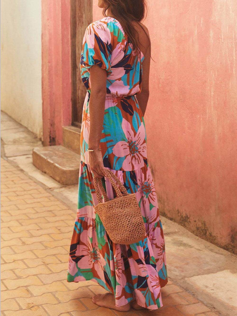 Palm Leaf Print Off-Shoulder Holiday Style Floral Dress