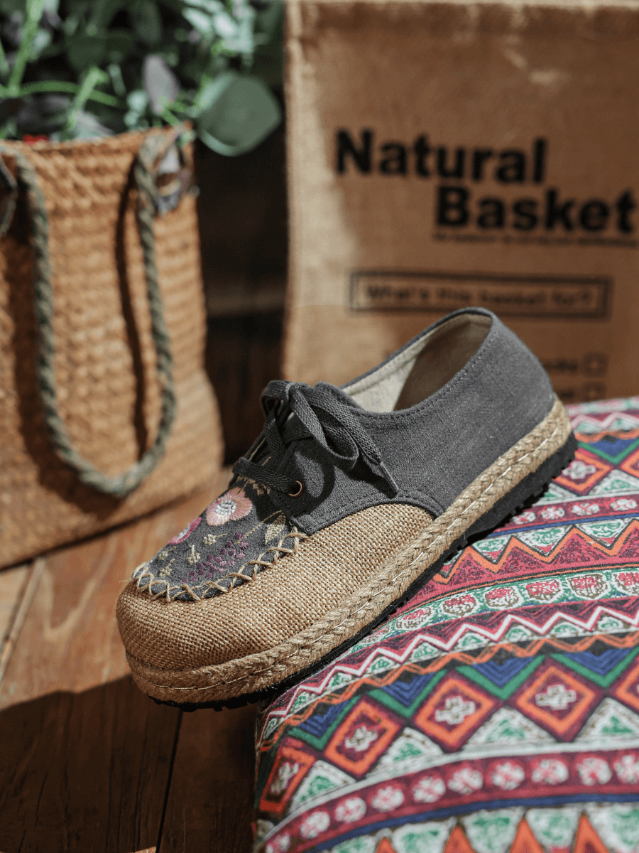 CACTUS ROSE | GARDEN EMBROIDERED LINEN ESPADRILLE SNEAKER - GREY