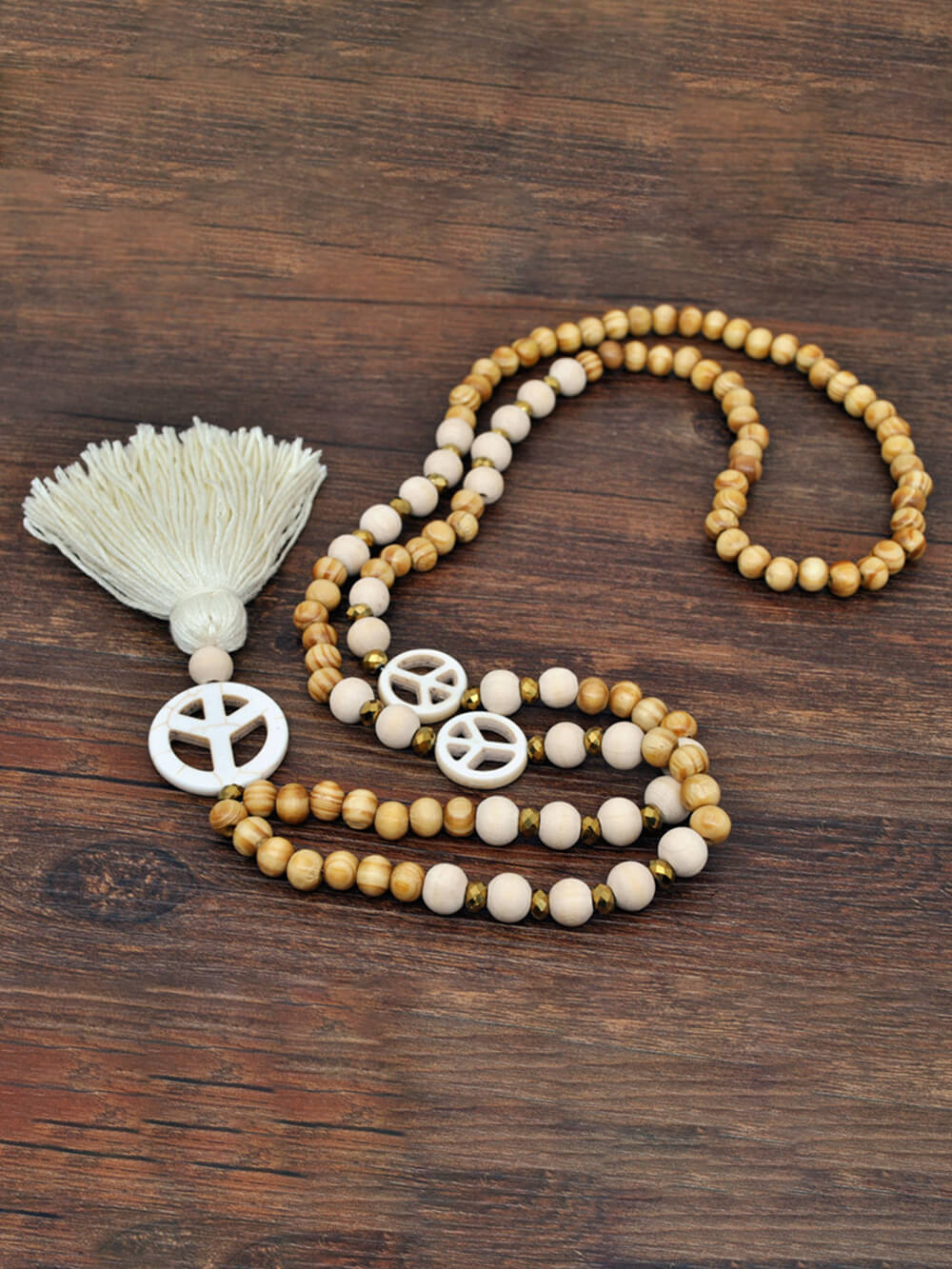 Handmade Wooden Beads Tassel and Peace Charm Pendant Long Necklace