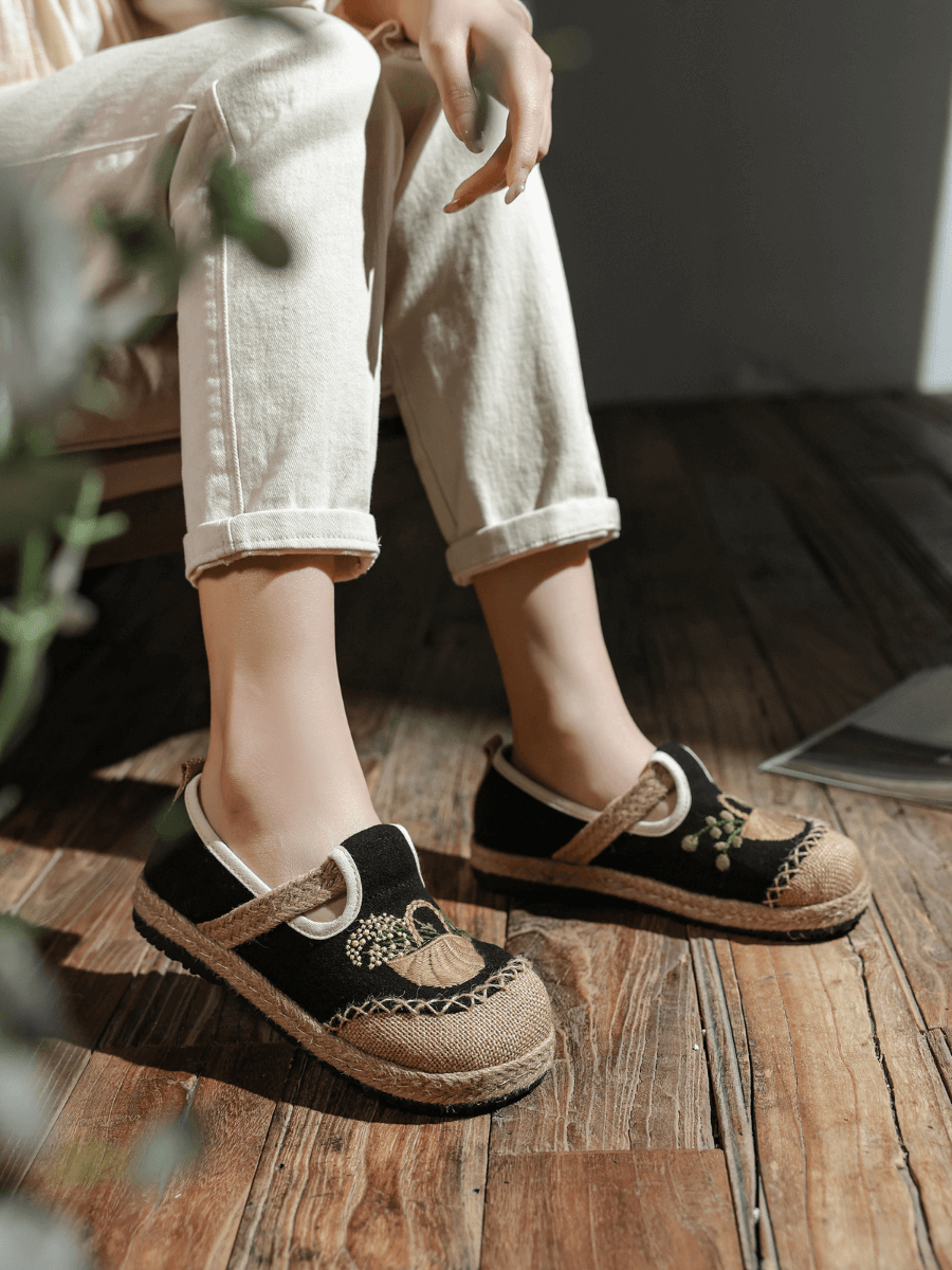 CACTUS ROSE | BASKET EMBROIDERED LINEN ESPADRILLE LOAFER - BLACK