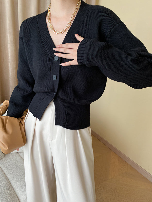 Long Sleeves Loose Solid Color V-Neck Cardigan Tops