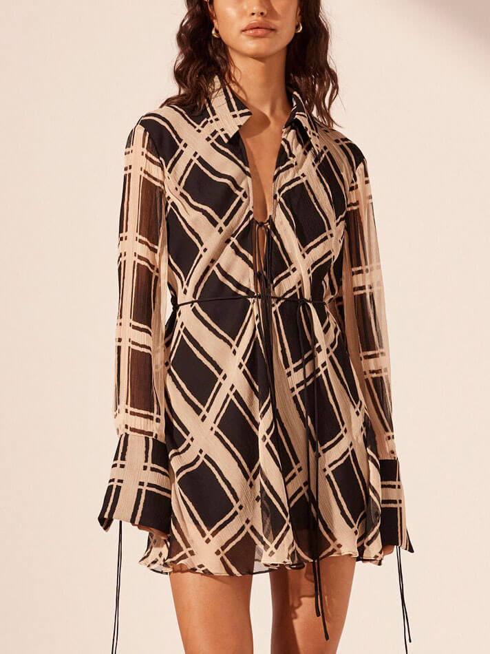 Exquisite Irregular Geometric Plaid Print Long-Sleeved Loose Shirt