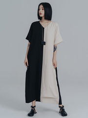 Urban Loose Contrast Color Split-Joint Reversible Midi Dress