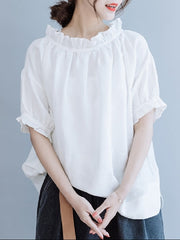 Half Sleeves Loose Ruffled Solid Color Round-Neck T-Shirts Tops