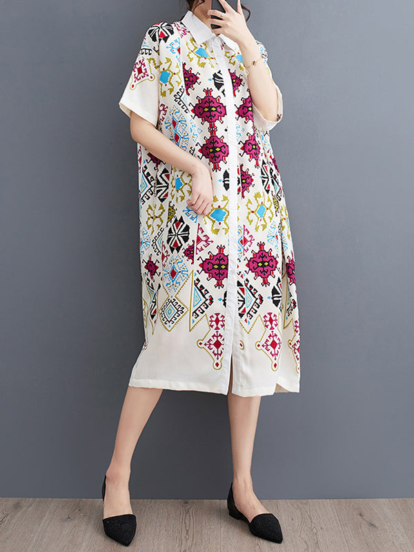 A-Line Loose Buttoned Printed Lapel Midi Dresses