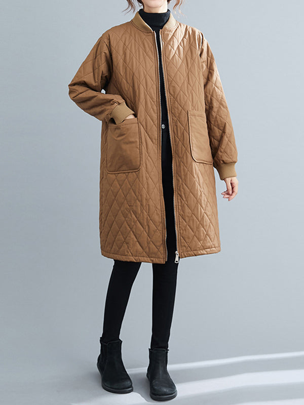 Long Sleeves Loose Pockets Quilted Solid Color Zipper Stand Collar Padded Coat