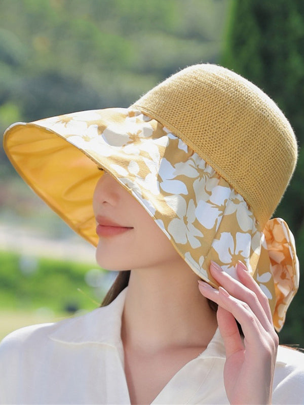 Bowknot Flower Print Pleated Split-Joint Sun Protection Fisherman Hat Sun Hat