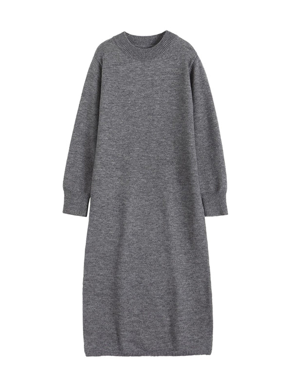 Urban Loose Long Sleeves Solid Color Round-Neck Sweater Dresses