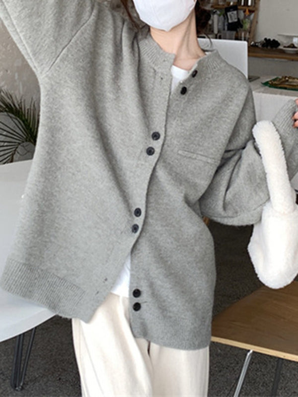 Long Sleeves Loose Buttoned Round-Neck Cardigan Tops