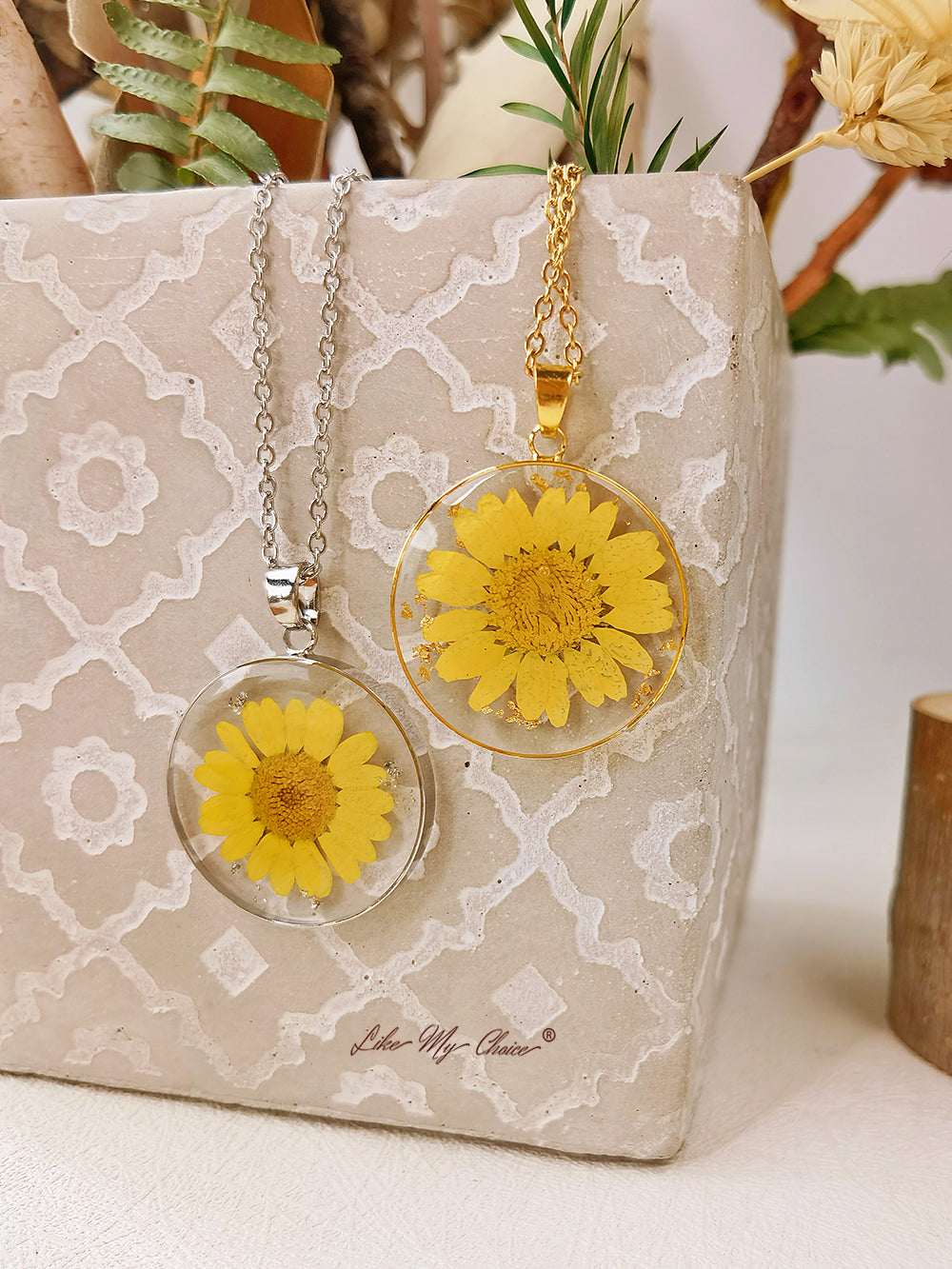 Resin Plant Necklace: Yellow Chrysanthemum Pendant