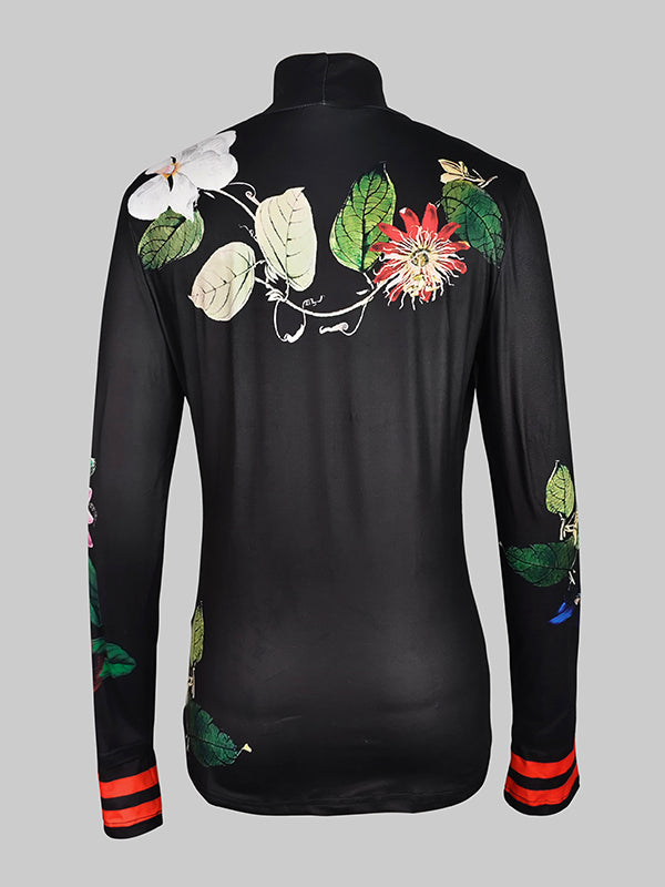 Long Sleeves Skinny Floral Printed Split-Joint High Neck T-shirts