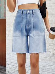 Loose Buttoned Elasticity Fringed Pockets Split-Joint Denim Shorts