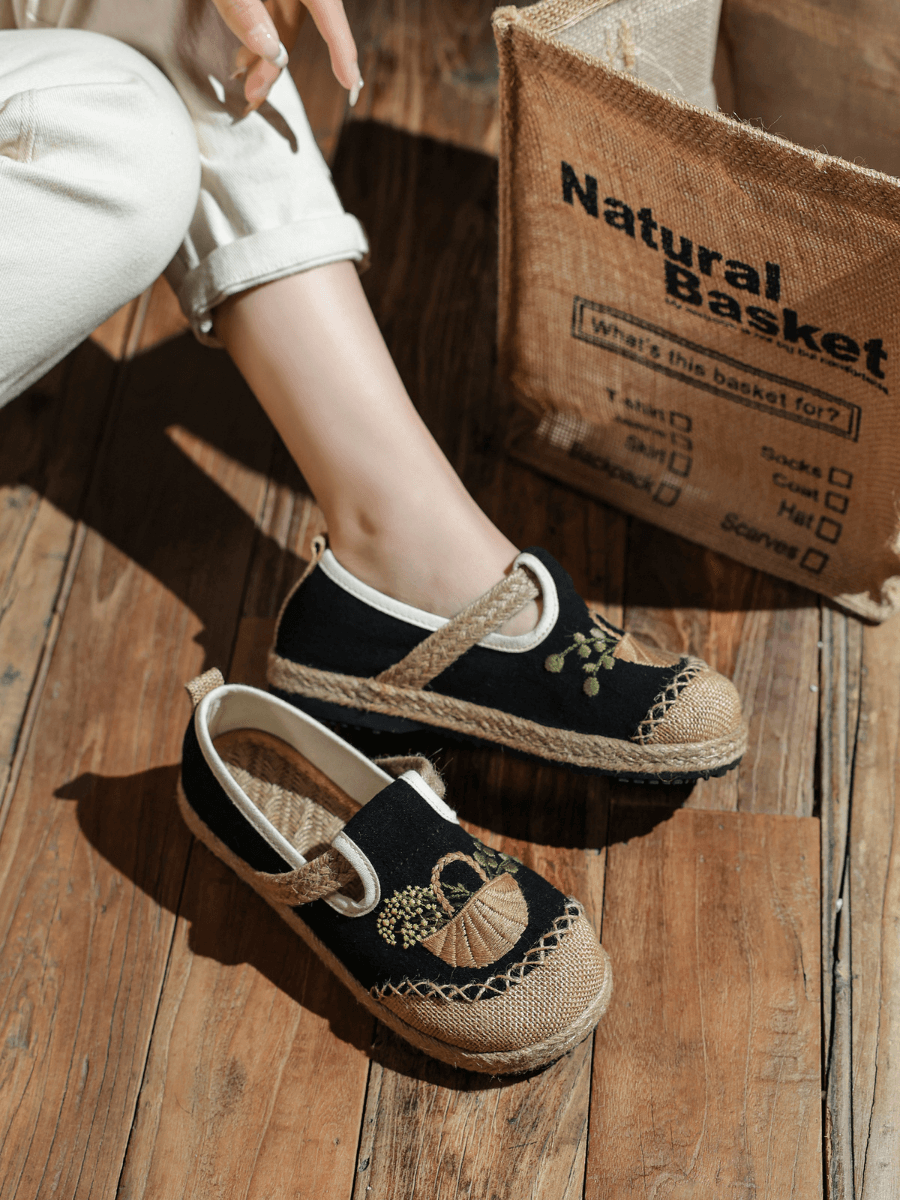 CACTUS ROSE | BASKET EMBROIDERED LINEN ESPADRILLE LOAFER - BLACK